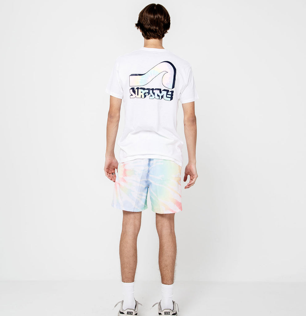 male showing the back of the Surf Style Pastel Wave Logo shirt