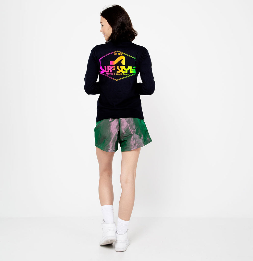 female full body photo for Surf Style Neon Shield Long Sleeve Tee