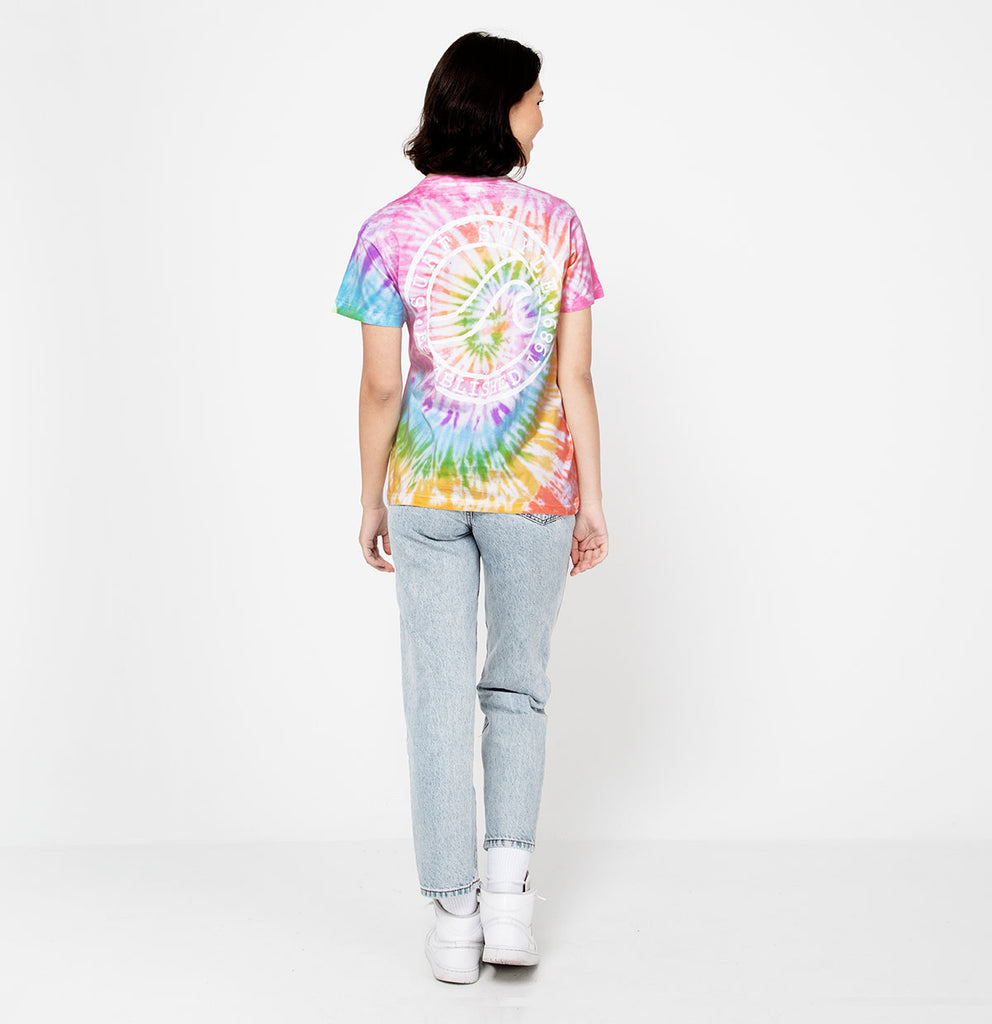 female back view of the Pastel Tie Dye Brushed Surf Style Wave Logo shirt design