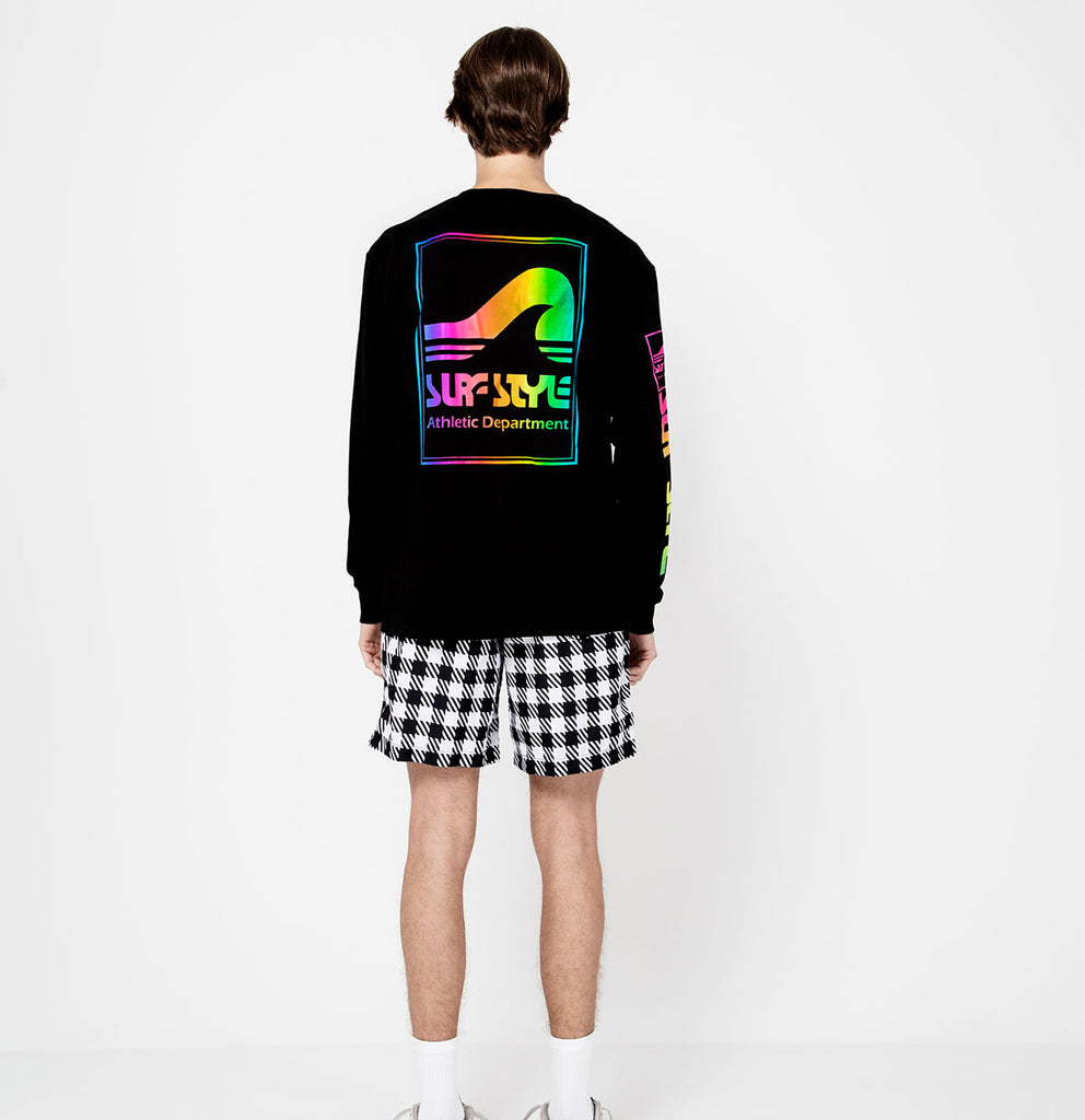 male back view of the Surf Style Athletic Long Sleeve Neon Box Logo shirt design