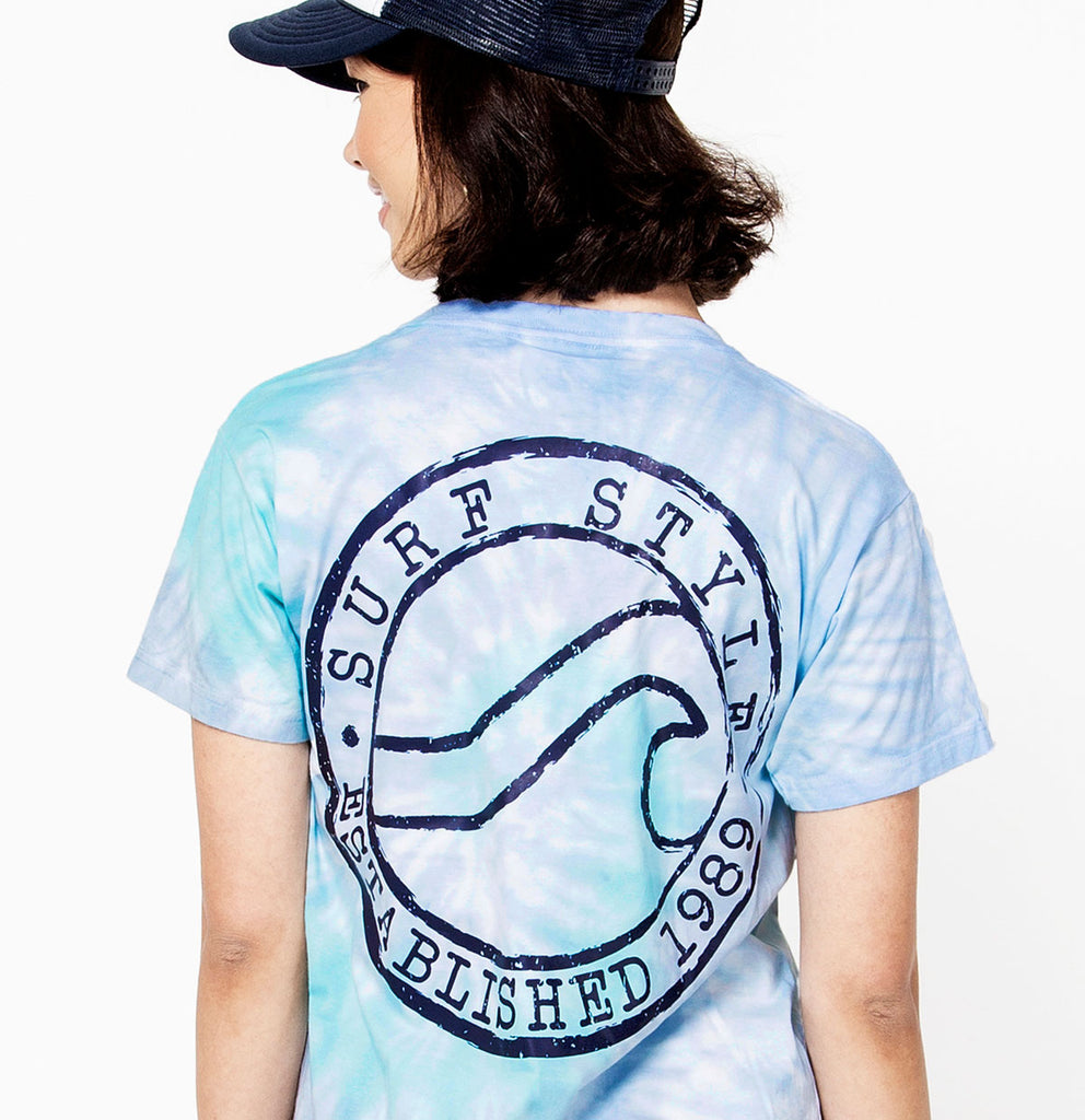 female back view of Lagoon Tie Dye Brushed Wave Surf Style Logo