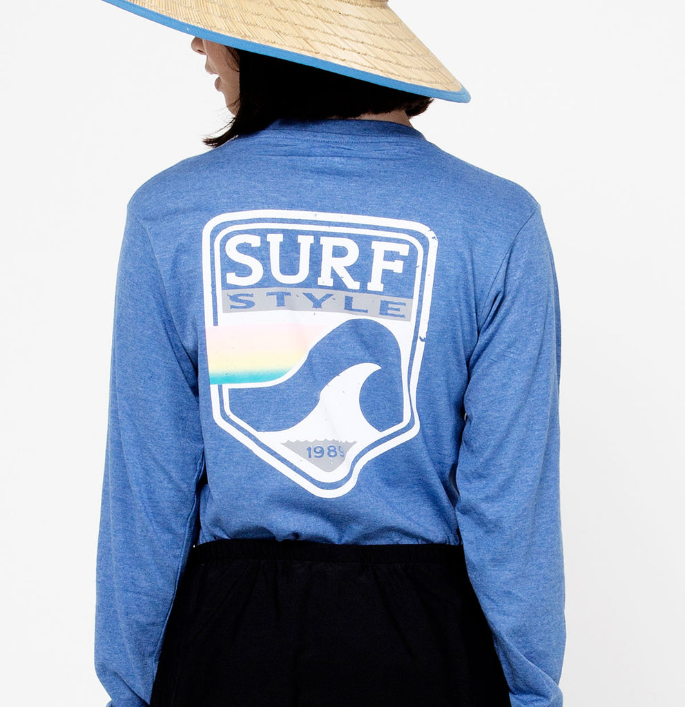 close up of back on the Surf Style Pastel Shield Long Sleeve Tee