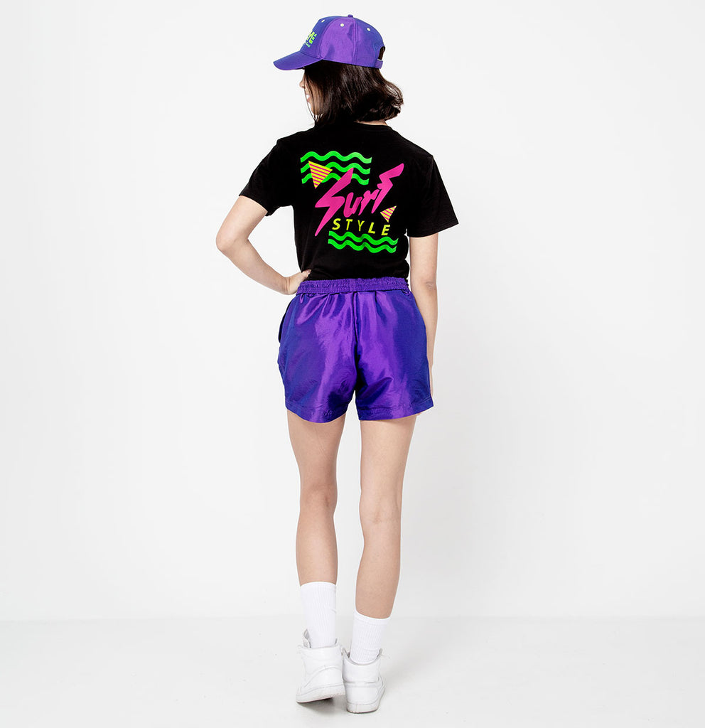 female back view, shirt design for Retro Neon Surf Style Logo t shirt