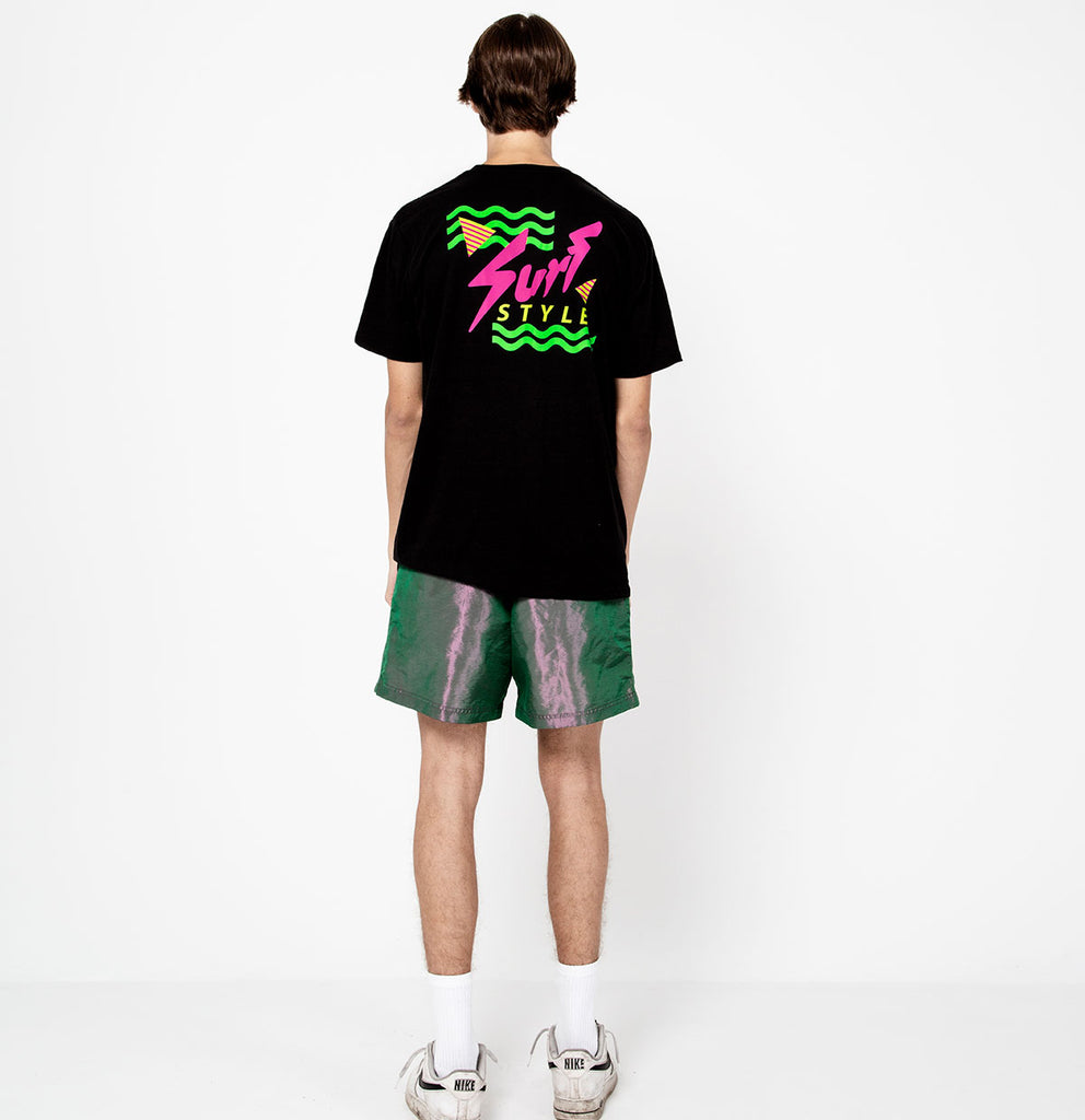 male back view for the Retro Neon Surf Style Logo shirt design