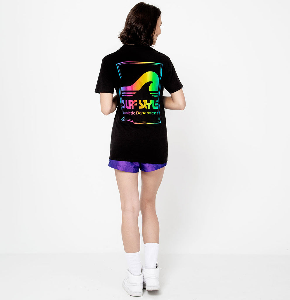 female full back image of the Surf Style Athletic Tee Neon Box Logo shirt design