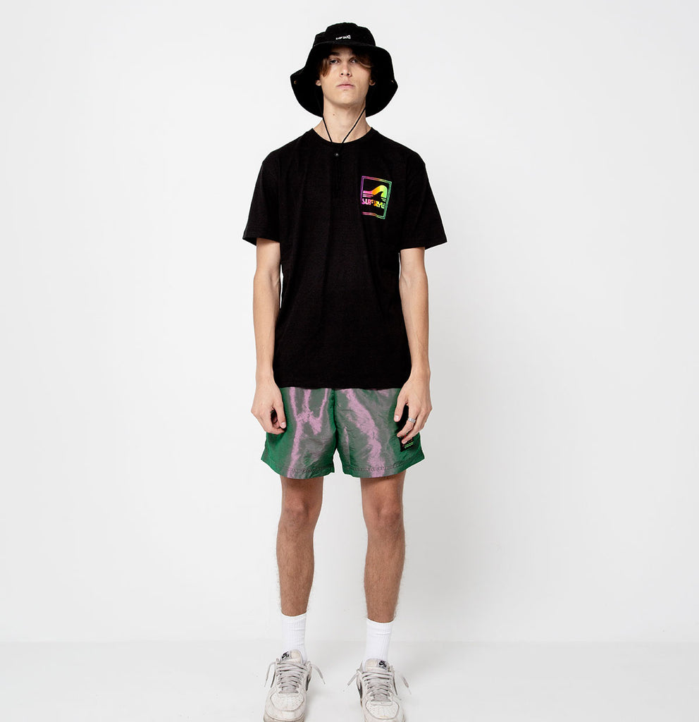 male full front of the Surf Style Athletic Tee Neon Box Logo tee