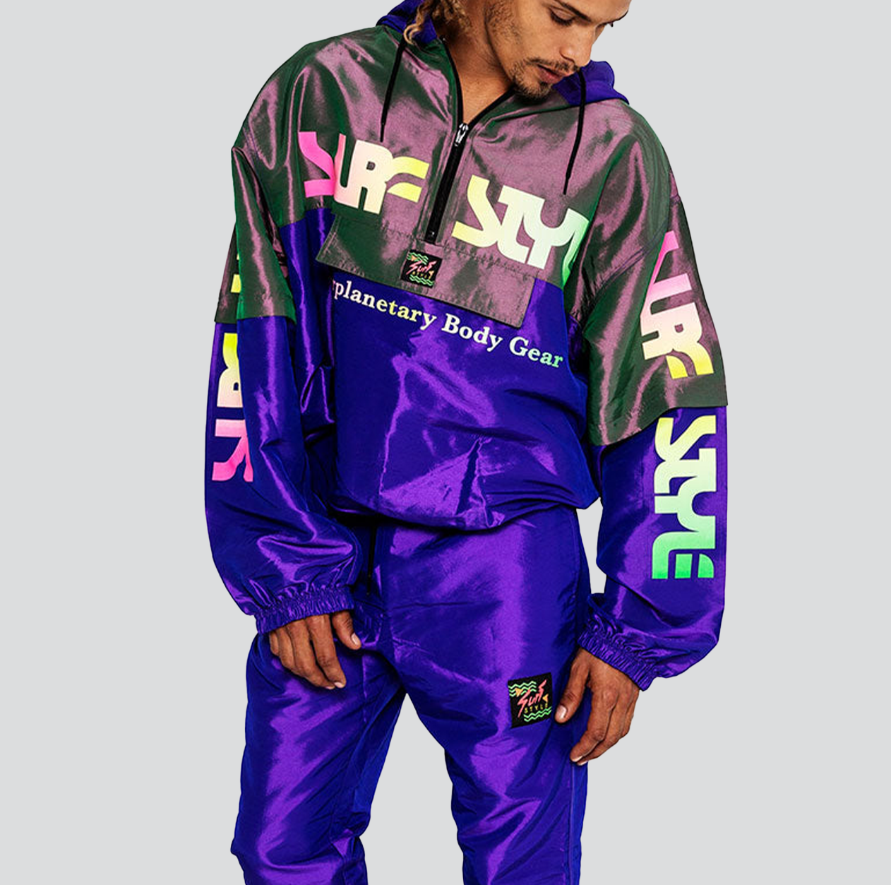 【HI FI FNK】(W) Hiking Striped Hooded Top Iridescent Interplanetary Windbreaker | Surf Style