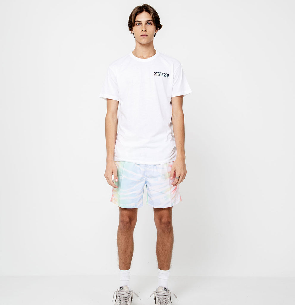 male showing the front of the Surf Style Pastel Wave Logo shirt