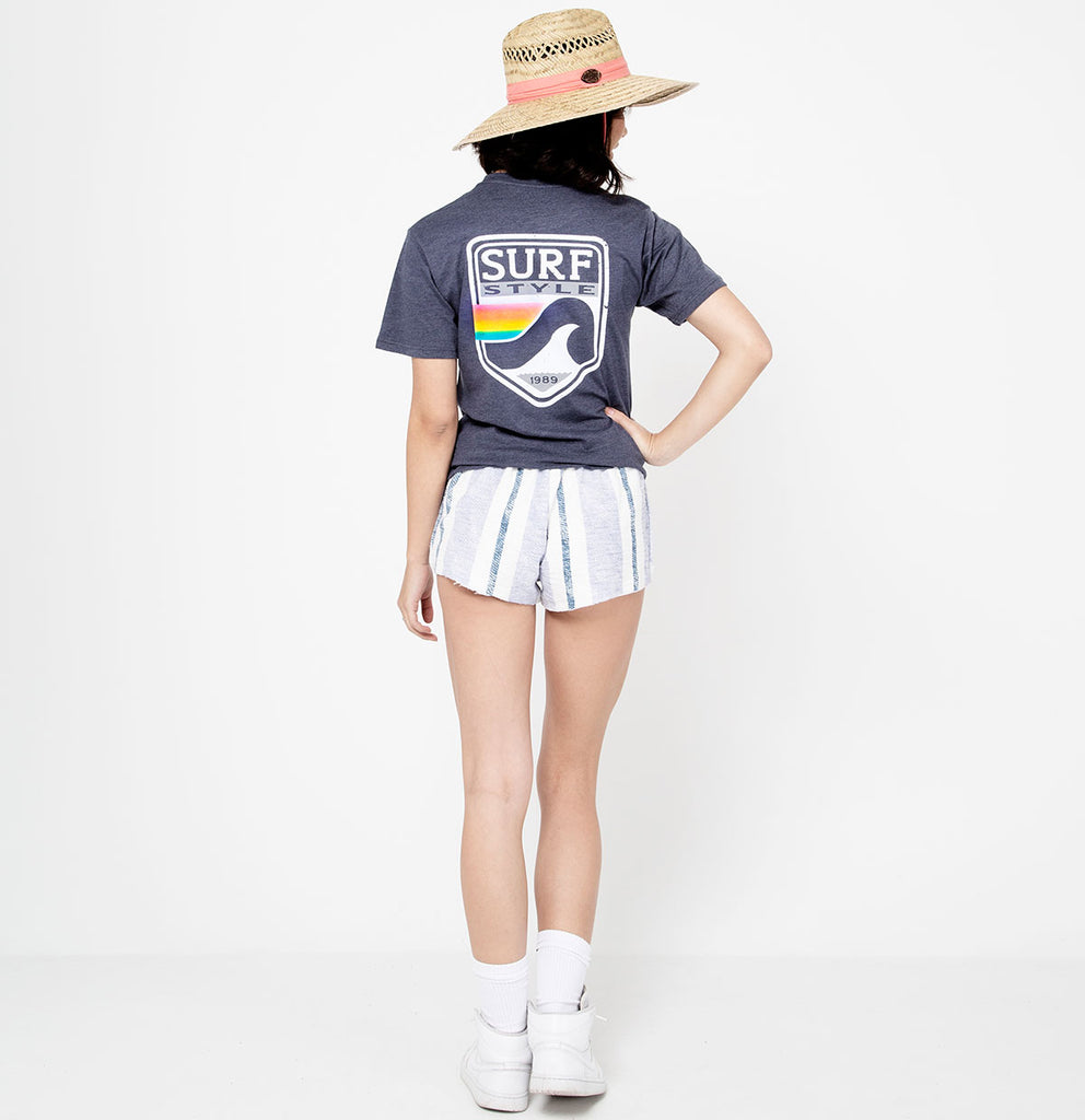 female back view for the Surf Style Pastel Shield shirt on heathered blue shirt