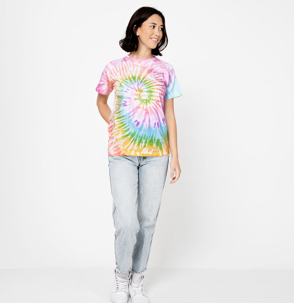 female full body view of the Pastel Tie Dye Brushed Surf Style Wave Logo shirt design