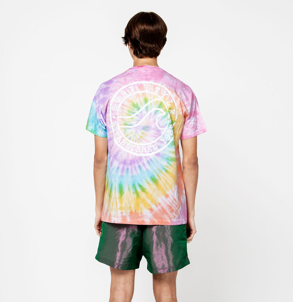 male back view of the Pastel Tie Dye Brushed Surf Style Wave Logo shirt design