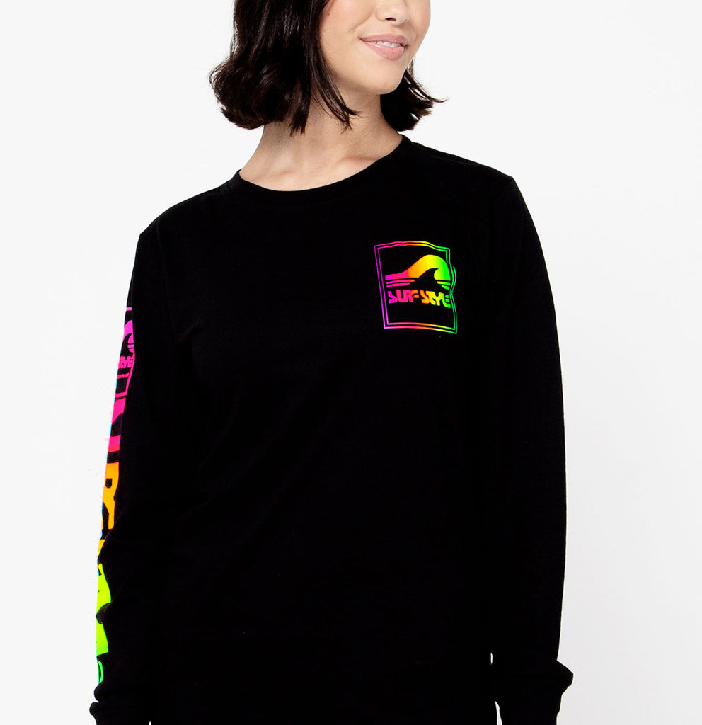 female front design view on Surf Style Athletic Long Sleeve Neon Box Logo t shirt