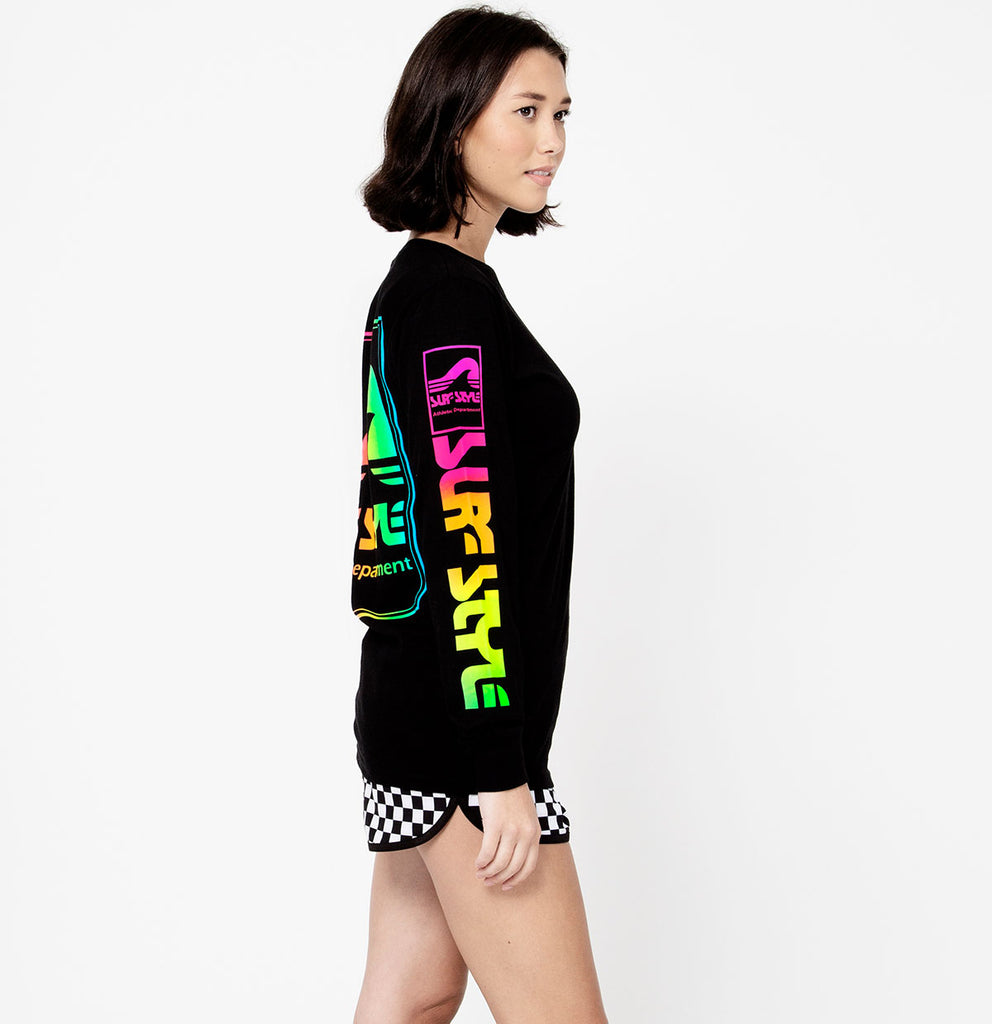 long sleeve side design view of the Surf Style Athletic Long Sleeve Neon Box Logo shirt
