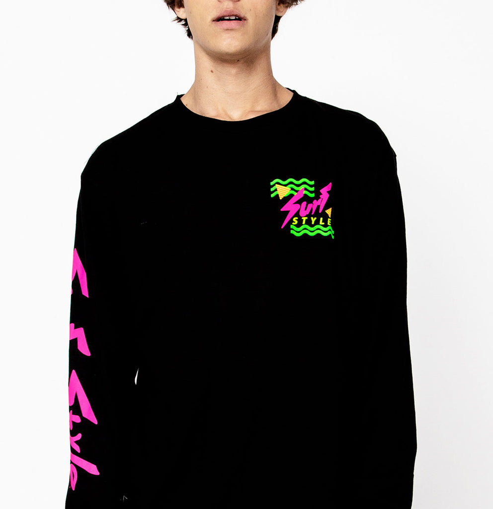 male showing the front of the Surf Style Retro 80's Logo Long Sleeve shirt