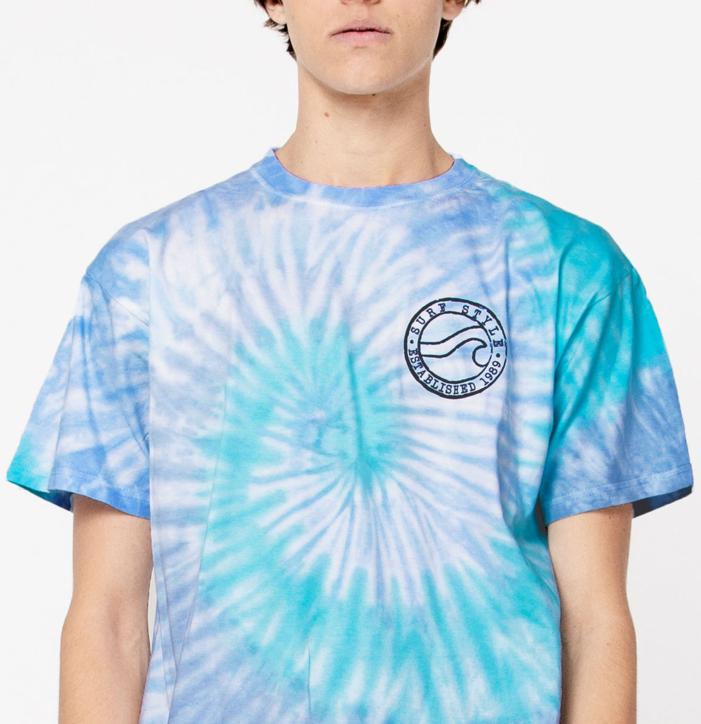 male front view of Lagoon Tie Dye Brushed Wave Surf Style Logo