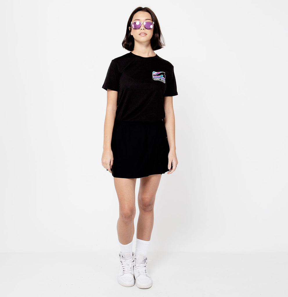 female wearing cool glasses with a front photo of Surf Style Box Wave Logo Tee