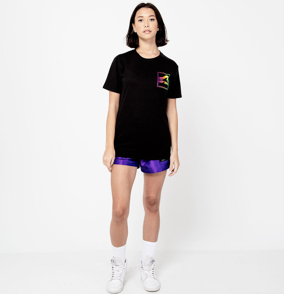 female full front photo of the Surf Style Athletic Tee Neon Box Logo t shirt