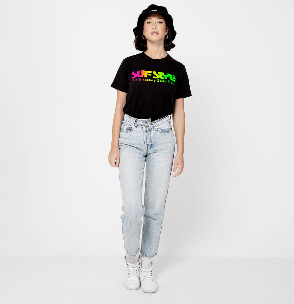 female full body view of the Surf Style Classic Multi-Color Logo Tee